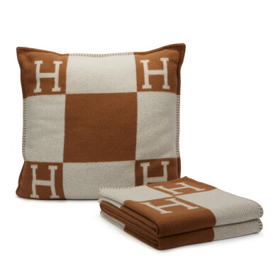 View full screen - View 1 of Lot 239. A Set of Two: Ecru and Camel Wool and Cashmere Large Avalon Pillow and Blanket, 2010's.