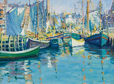 View full screen - View 1 of Lot 32. JANE PETERSON | BOATS IN HARBOR, GLOUCESTER.