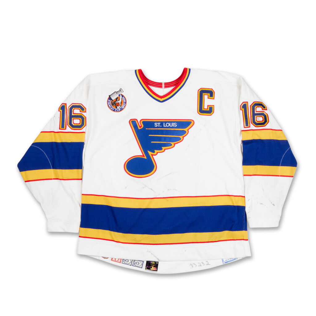 View full screen - View 1 of Lot 33. Brett Hull St. Louis Blues 1993 ‘Division Semfinals Clinching’ Game Worn Jersey | Signed and Inscribed | 2 Goals | 1 Assist.