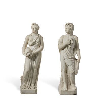 View full screen - View 1 of Lot 462. A Pair of Large French Carved White Marble Statues of Bacchus and a Nymphe, 19th Century.
