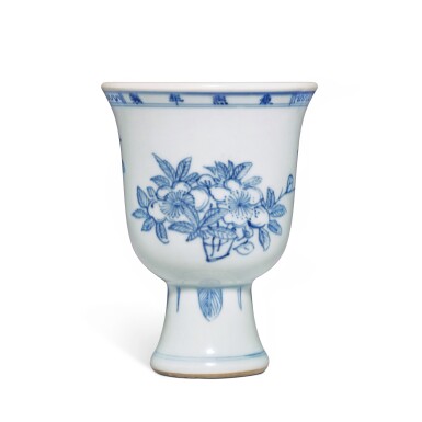 View full screen - View 1 of Lot 629. A blue and white 'floral' stem cup, Mark and period of Kangxi | 清康熙 青花花卉紋高足盃 《康熙年製》款.