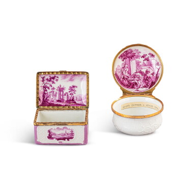 View full screen - View 1 of Lot 687. A German porcelain rectangular snuff box, circa 1761-70, possibly Schrezheim, and a German white porcelain circular snuff box, possibly Höchst, circa 1770-75 .
