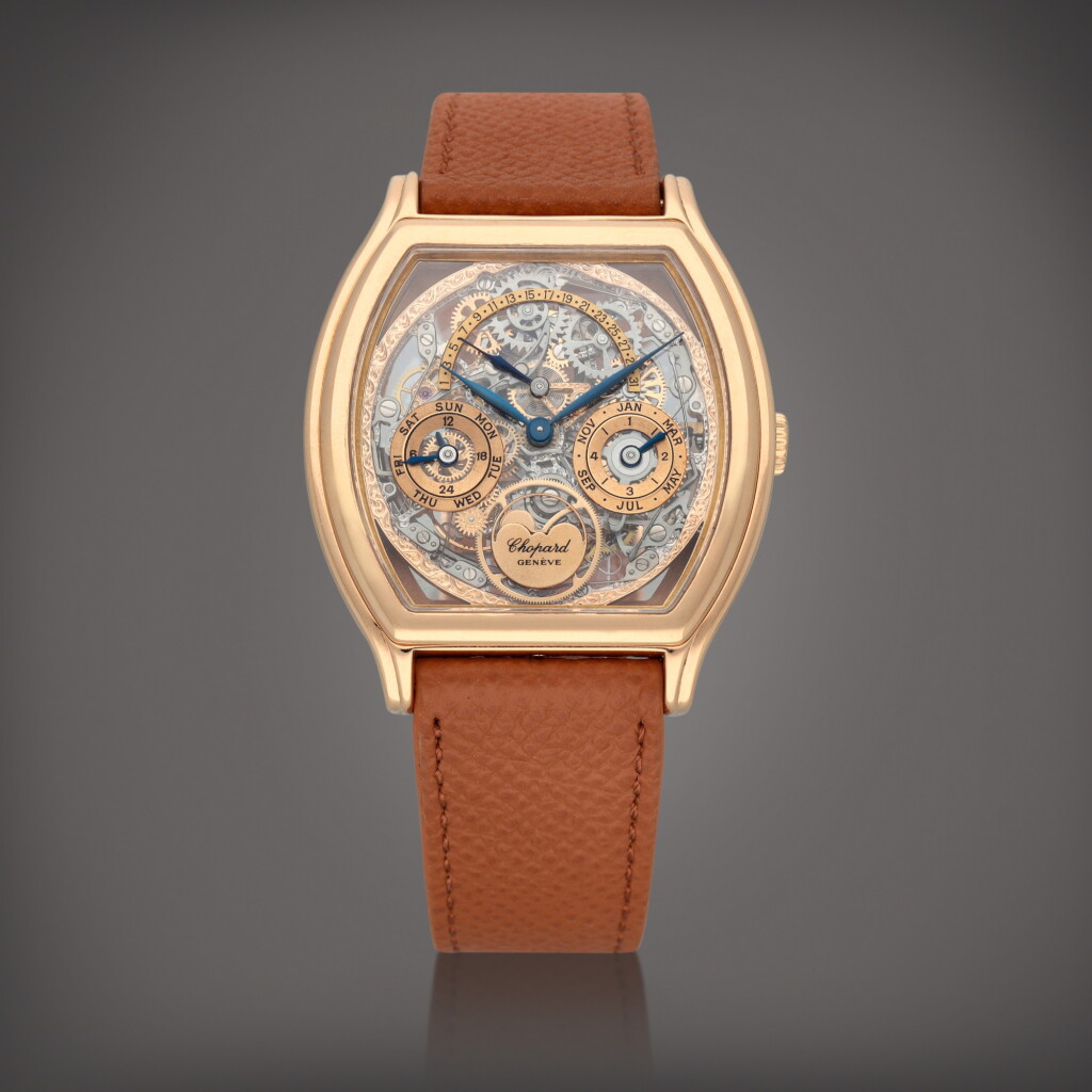 View full screen - View 1 of Lot 392. Reference 36/2249/6 | A pink gold skeletonized perpetual calendar wristwatch with moon phases, retrograde date and leap-year indication | Circa 1995.