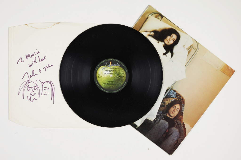 View full screen - View 1 of Lot 216. Lennon, original illustration signed on sleeve of 'Unfinished Music No. 2: Life with the Lions', 1969.