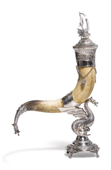 View full screen - View 1 of Lot 337. A Monumental Scandinavian Silver-Plate Mounted Drinking Horn and Cover, signed J.G. Hentze, probably Danish, Dated 1893.