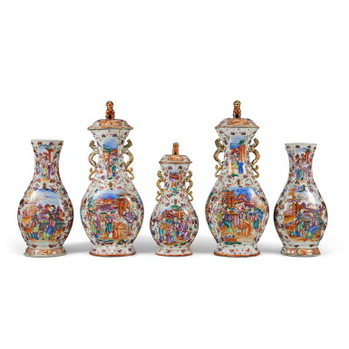 View full screen - View 1 of Lot 340. An Assembled Garniture of Five Chinese Export Mandarin Palette Baluster Vases and Three Covers, Qing Dynasty, Qianlong Period, Circa 1785 | 清乾隆 約1785年 粉彩松鼠葡萄浮雕人物圖瓶五件.