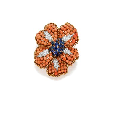 View full screen - View 1 of Lot 14. David Webb | Coral, Sapphire and Diamond Clip-Brooch.