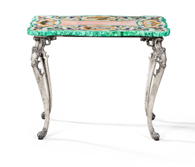 View full screen - View 1 of Lot 21. A SMALL COFFEE TABLE WITH SILVER FEET, THE TABLE TOP WITH HARD STONES MARQUETRY, ITALY, CIRCA 1950 | PETITE TABLE BASSE, LES PIEDS EN ARGENT, LE PLATEAU EN MARQUETERIE DE PIERRES DURES, ITALIE, VERS 1950, ATTRIBUÉE À MAZZETTI .