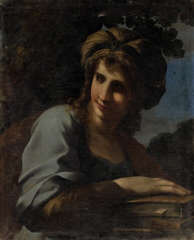 View full screen - View 1 of Lot 149. GIOVANNI FRANCESCO ROMANELLI, CALLED VITERBESE | A SYBIL, BUST LENGTH, LOOKING LEFT AND RESTING HER HAND ON BOOKS.