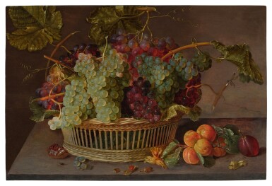View full screen - View 1 of Lot 491. Still Life with Apricots, a Plum and Pomegranate, Hazelnuts, a Housefly, and Wicker Basket of Grapes.