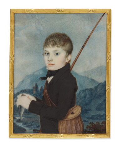 View full screen - View 1 of Lot 543. Portrait of a boy holding a fishing rod.