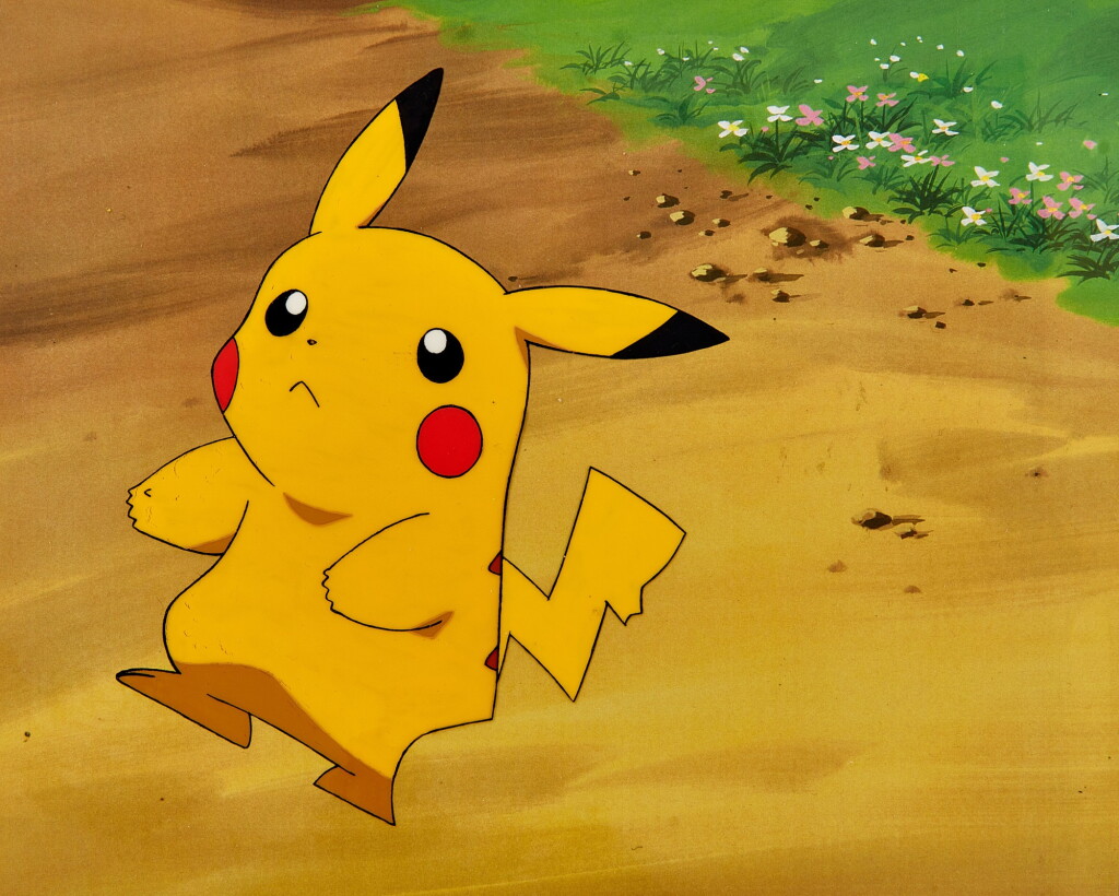 View full screen - View 1 of Lot 6. Pikachu Close-Up Animation Cels with Douga and Printed Background | 比卡超特寫賽璐璐,附線稿及印刷背景.