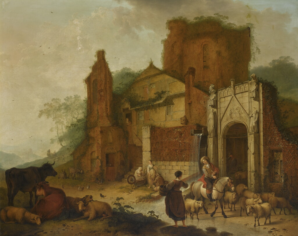 View full screen - View 1 of Lot 151. HENDRIK MEIJER | A horseman in a classical landscape, with other figures, sheep and cattle.