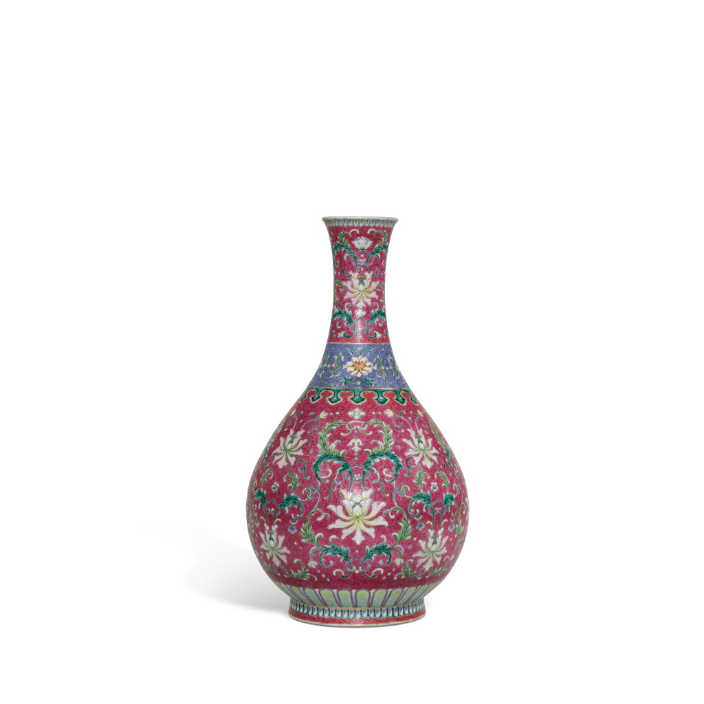 View full screen - View 1 of Lot 61. A rare large ruby-ground sgraffiato yangcai 'lotus' bottle vase, Seal mark and period of Qianlong.