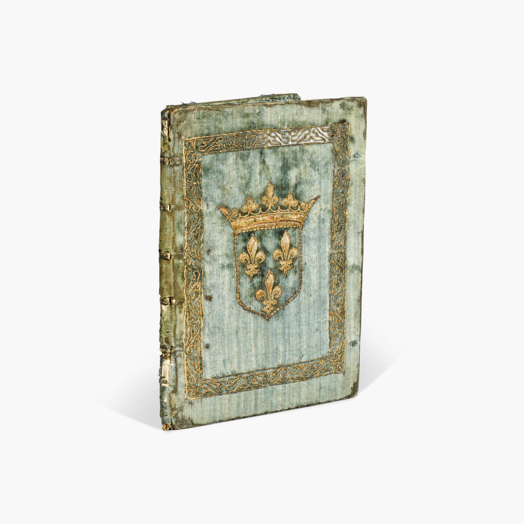 View full screen - View 1 of Lot 90. Cesare Delfini | Matris Virginis Mariados libri tres, Venice, 1537, the dedication copy, contemporary armorial silk binding for François I.