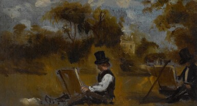 View full screen - View 1 of Lot 207. CIRCLE OF JOHN CONSTABLE, R.A. | Recto: Two artists sketching in a landscape; Verso: A man holding a guineapig and its cage.