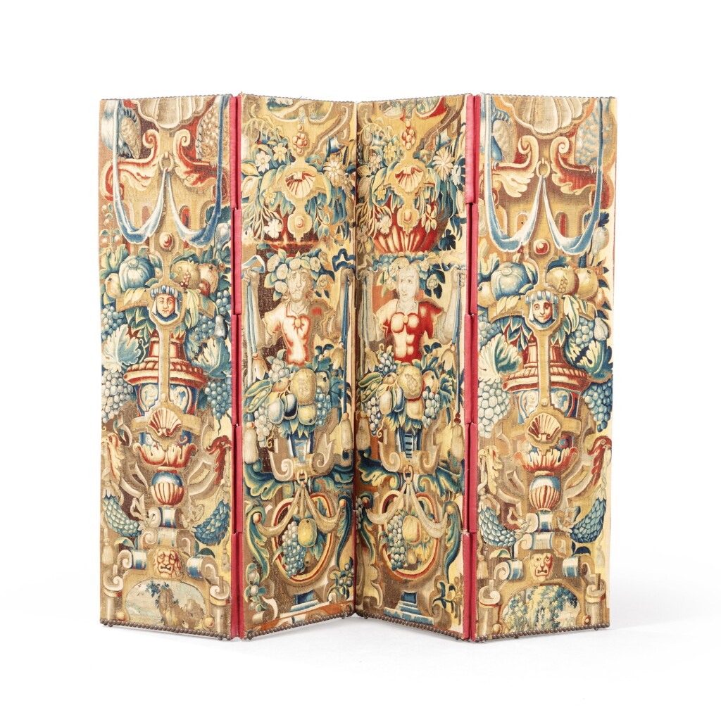 View full screen - View 1 of Lot 128. A tapestry fragments screen, Brussels, late 16th century | Paravent à quatre feuilles en fragments de tapisserie, Bruxelles, fin du XVIe siècle.