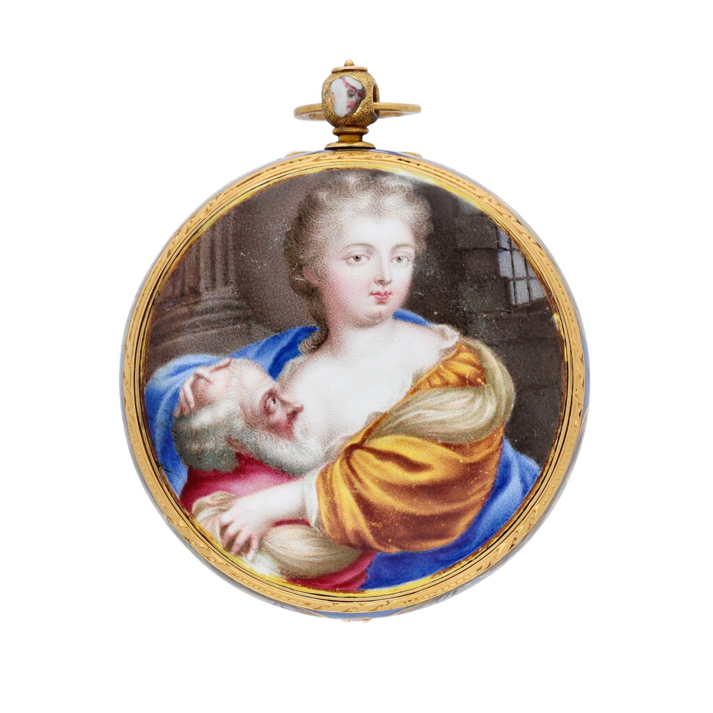 View full screen - View 1 of Lot 70. A gold and enamel watch, the case depicting Roman Charity Circa 1680 and later.