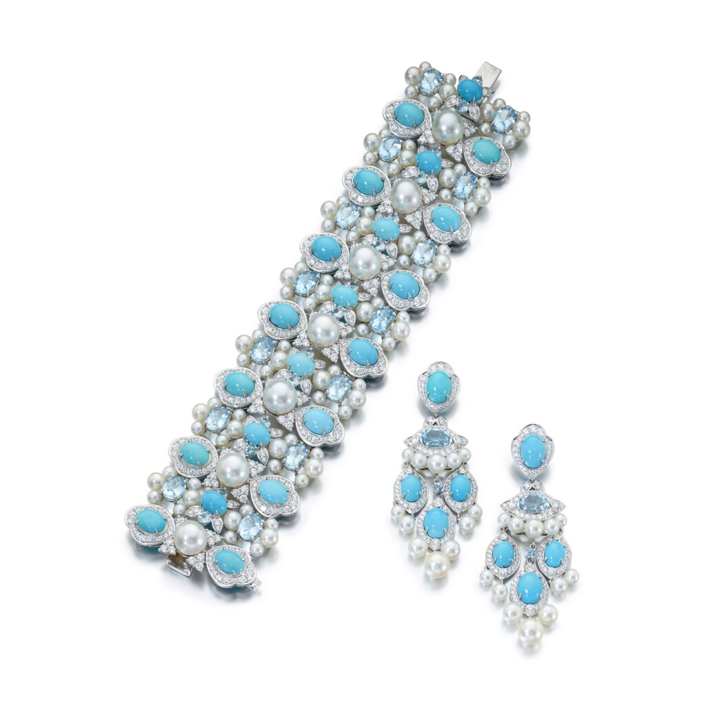 View full screen - View 1 of Lot 908. Diamond, Turquoise, Aquamarine and Cultured Pearl Demi-Parure.