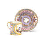 A Sèvres (hard-paste) porcelain lilac-ground chinoiserie cup and saucer, gobelet 'litron' et soucoupe, 1777