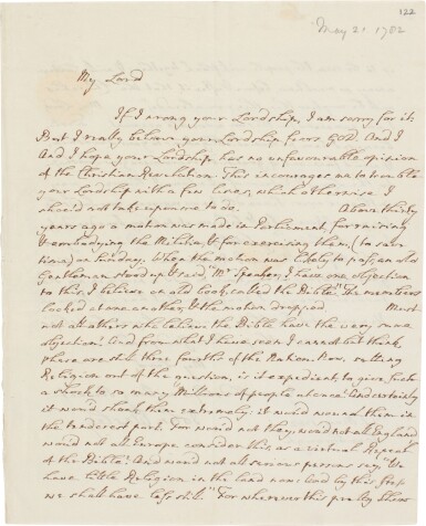 View full screen - View 1 of Lot 154. John Wesley | Autograph letter signed, complaining of militia training on Sunday to the Earl of Shelburne, 1782.