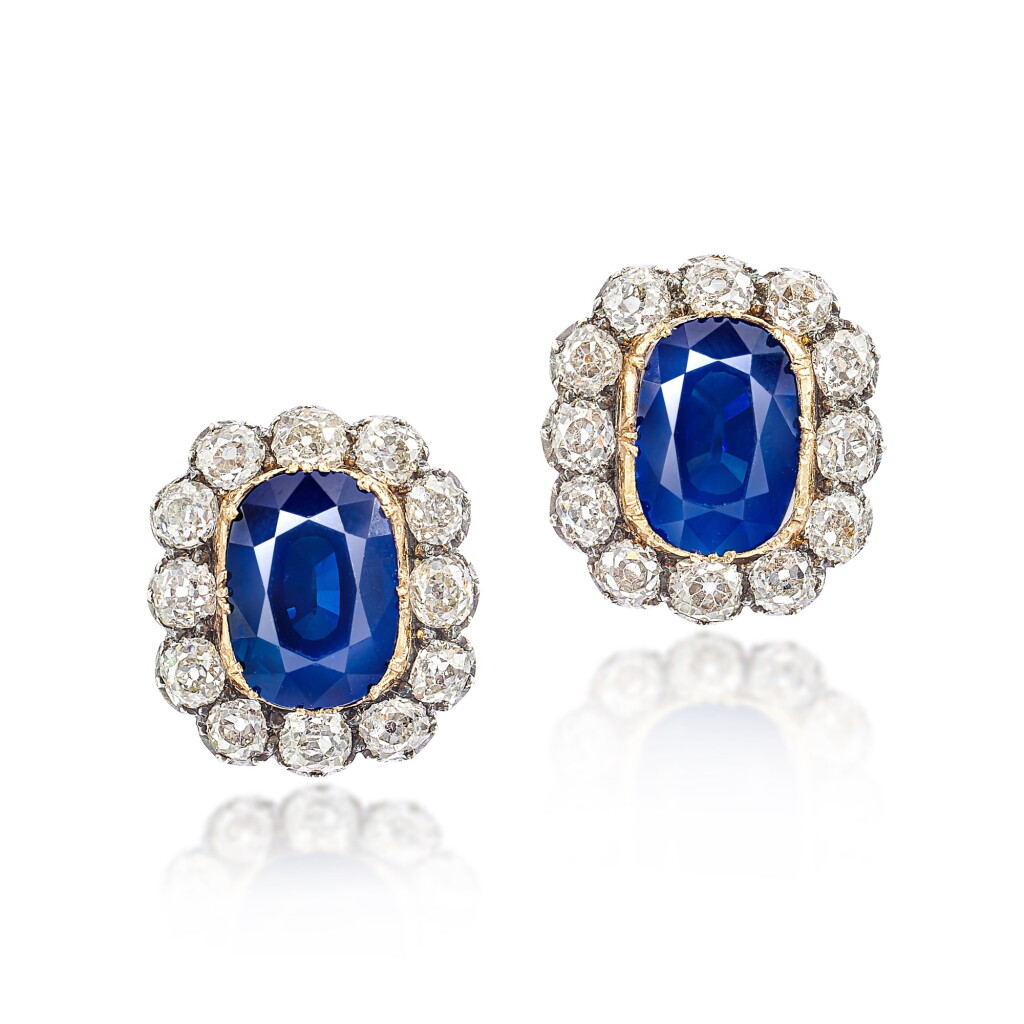 View full screen - View 1 of Lot 1655. Pair of Sapphire and Diamond Earrings | 5.46 及 4.57克拉 天然 「克什米爾」未經加熱藍寶石 配 鑽石 耳環一對.