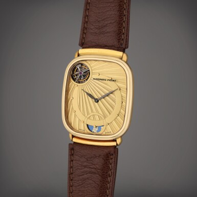 View full screen - View 1 of Lot 282. Reference 25643 La Montre Automatique | A yellow gold automatic cushion shaped tourbillon wristwatch, Circa 1986.
