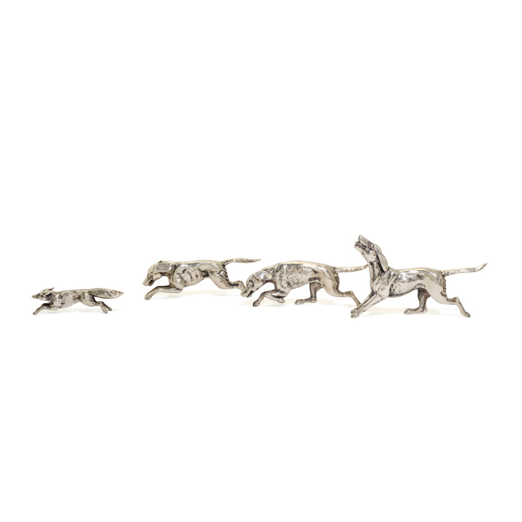 View full screen - View 1 of Lot 142. Irish silver models of a fox and three hounds, maker's mark BD Lt., Dublin, 2003.