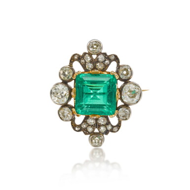 View full screen - View 1 of Lot 24. Emerald and diamond brooch, late 19th century.