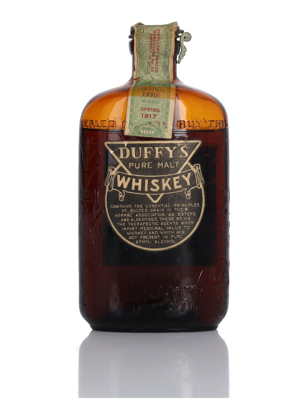 View full screen - View 1 of Lot 231. Duffy's Pure Malt Whiskey 100 Proof 1917 (1 Bottle Pint).