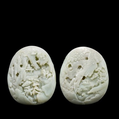 View full screen - View 1 of Lot 3608. A pair of white jade boulders Qing dynasty, 18th – 19th century | 清十八至十九世紀 白玉觀瀑圖、臥鹿圖山子一對.