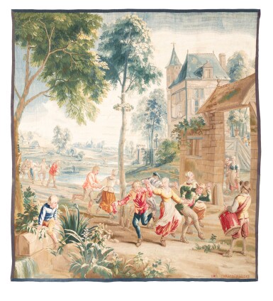 View full screen - View 1 of Lot 49. Dance around the Maypole, A 'Teniers' tapestry, Brussels, Peter van den Hecke workshop, after Jan van Orley | Tapisserie danse autour du arbre de mai, tapisserie "Teniers", Bruxelles, atelier Peter van den Hecke, d'après Jan van Orley.