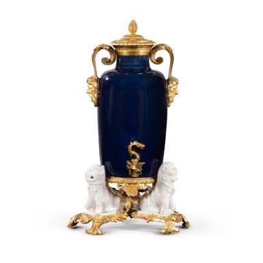 View full screen - View 1 of Lot 559. A gilt-bronze mounted Chinese blue and blanc de Chine porcelain perfume fountain, the porcelain early 18th century, the mounts Régence, circa 1720.