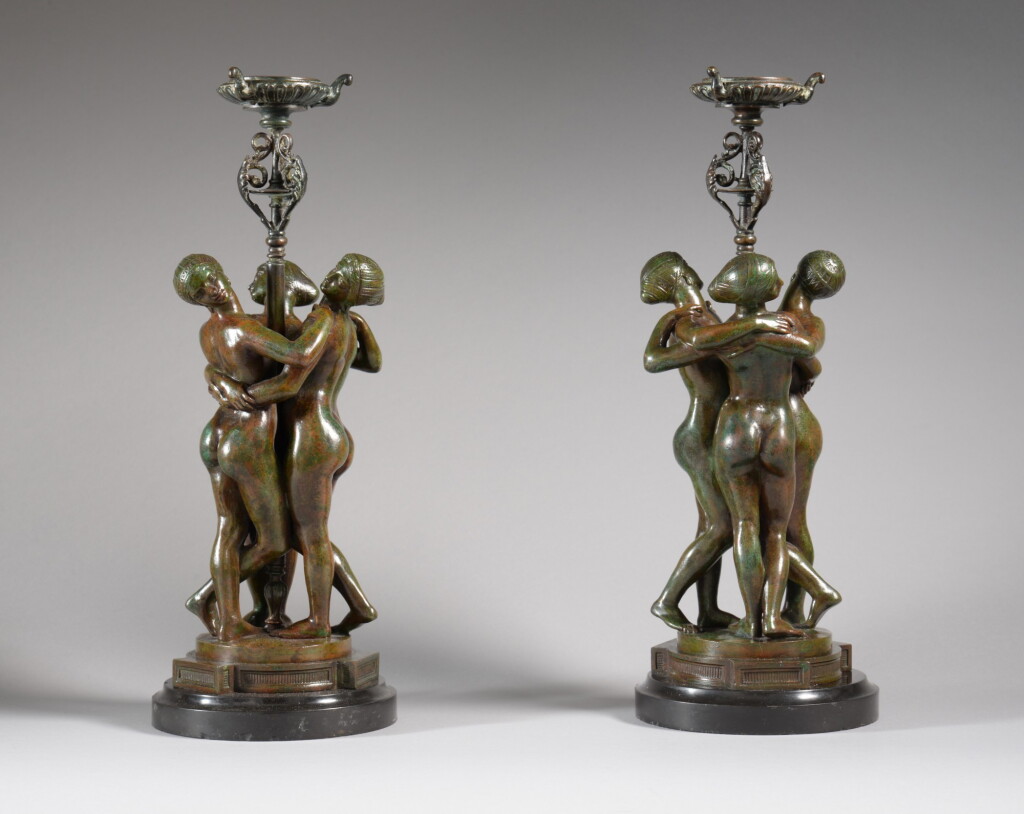 View full screen - View 1 of Lot 39. Les Graces supportant un brule parfum (Pair of Perfume Burners with the Three Graces).