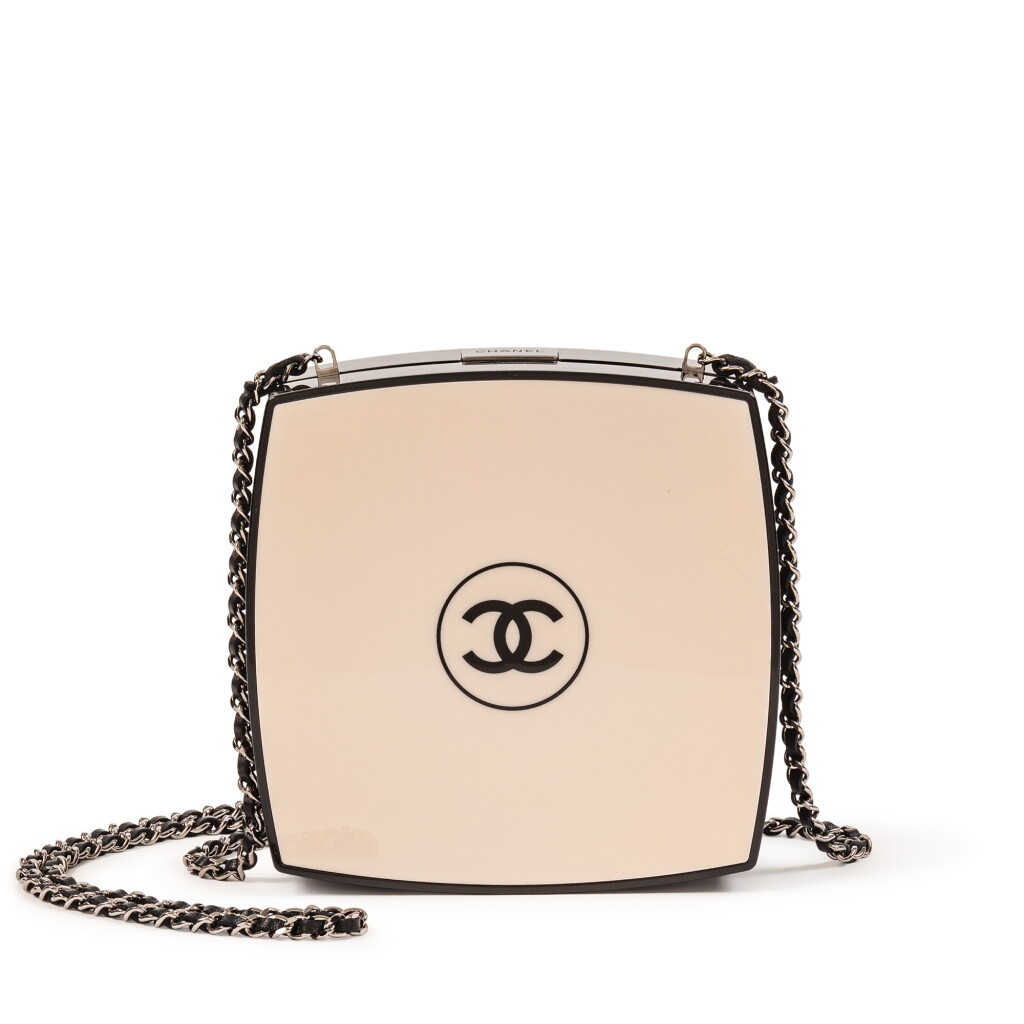 View full screen - View 1 of Lot 615. Black and Beige Lucite Powder Compact with Chain Silver Hardware, 2015-16.