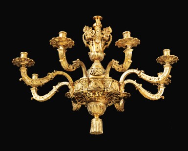 View full screen - View 1 of Lot 6. A GILT-BRONZE CHANDELIER, PART RÉGENCE, REASSEMBLED AND COMPLETED IN THE FIRST HALF OF THE 19TH CENTURY, AFTER A DRAWING BY DANIEL MAROT | LUSTRE EN BRONZE DORÉ EN PARTIE D’ÉPOQUE RÉGENCE, REMONTÉ ET COMPLÉTÉ DANS LA PREMIÈRE MOITIÉ DU XIXE SIÈCLE, D’APRÈS UN DESSIN DE DANIEL MAROT.