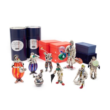 View full screen - View 1 of Lot 40. A Group of Eight Italian Silver, Enamel, and Murano Glass Clowns, Designed by Vittorio Angini for Sorini, Arezzo, Late 20th Century.
