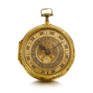 View full screen - View 1 of Lot 1310. A gold pair cased quarter repeating repoussé verge watch with pulse piece Circa 1720.