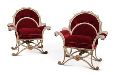 View full screen - View 1 of Lot 132. A PAIR OF AUSTRO-HUNGARIAN NEOCLASSICAL WHITE PAINTED AND PARCEL-GILT ARMCHAIRS, CIRCA 1800.
