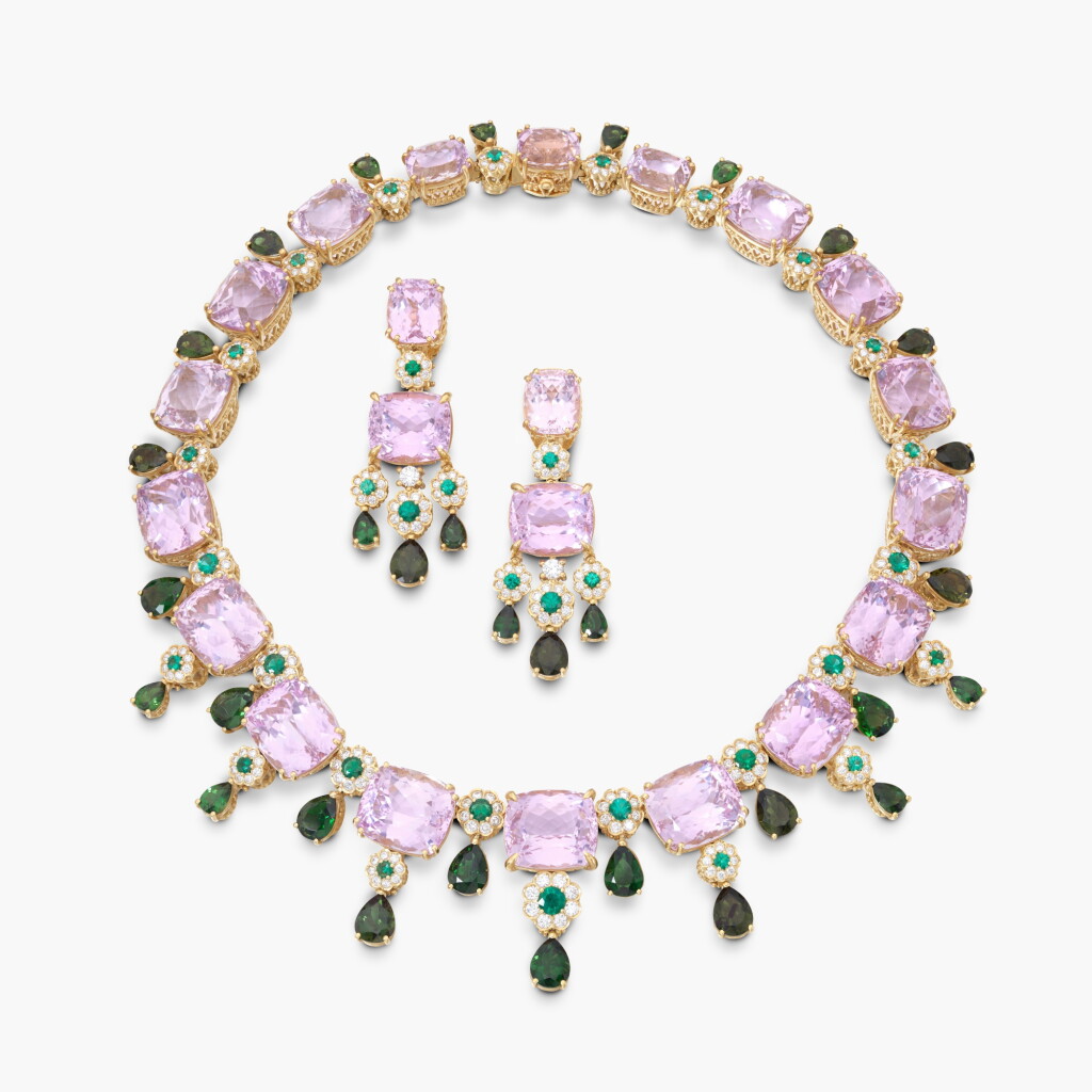 View full screen - View 1 of Lot 573. Kunzite, Tourmaline, Emerald and Diamond Demi-Parure.