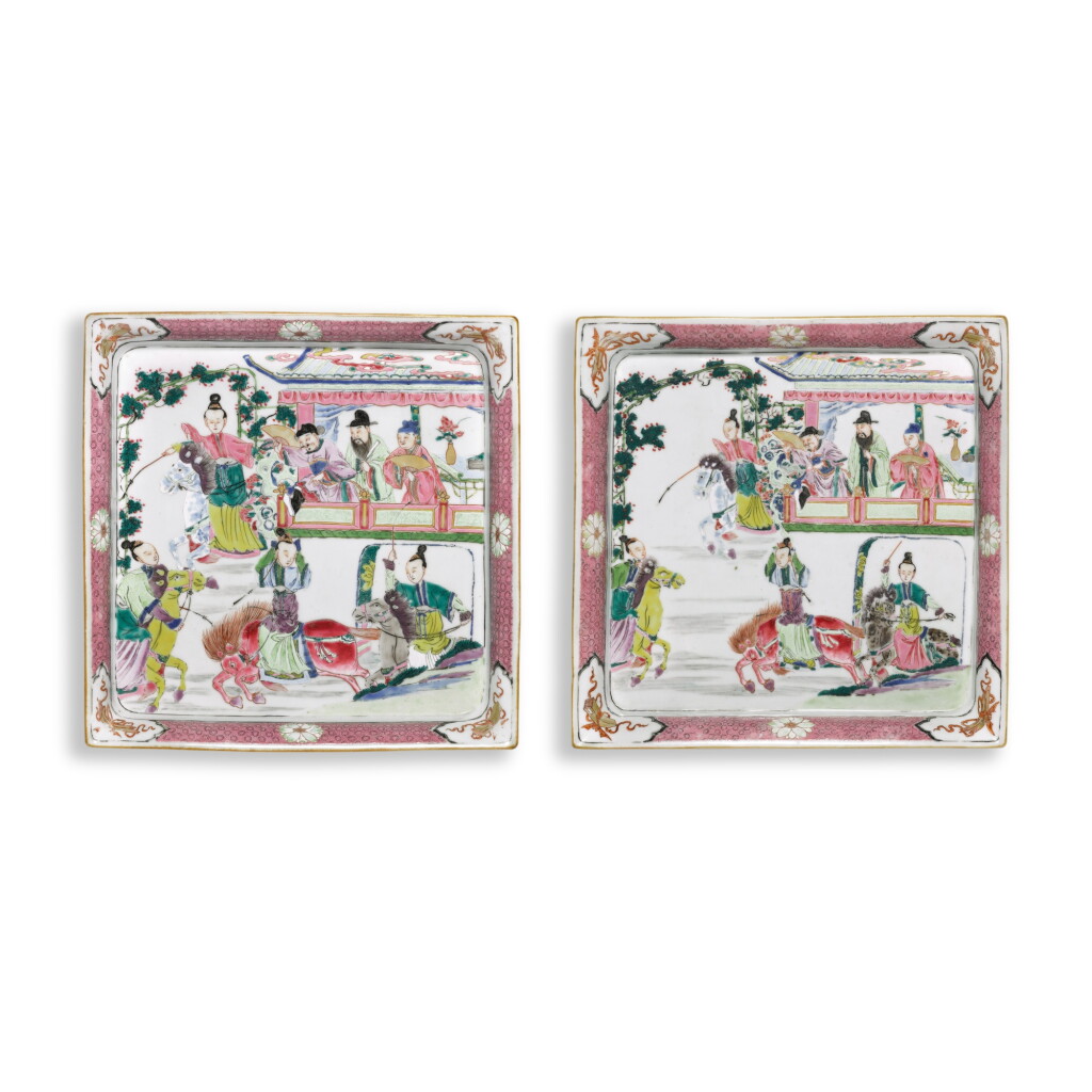 View full screen - View 1 of Lot 216. A pair of famille-rose 'Romance of the Sui and Tang Dynasties' square dishes, Qing dynasty, Yongzheng period.