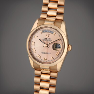 View full screen - View 1 of Lot 202. Reference 118205 Day-Date | A pink gold automatic wristwatch with day, date, and bracelet, Circa 2002.