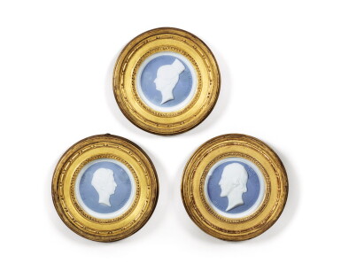 View full screen - View 1 of Lot 201. Three biscuit medallions and gilt wood frames, two representing François, Prince of Joinville at different ages, and Marie d'Orleans,.