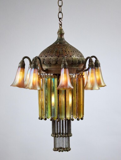 View full screen - View 1 of Lot 334. An Early Eight-Light "Lily" and Prism Ceiling Light.