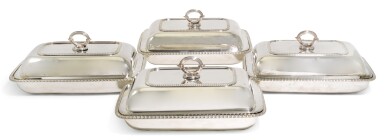 View full screen - View 1 of Lot 69. A SET OF FOUR GEORGE III SILVER ENTRÉE DISHES AND COVERS, WILLIAM BENNETT, LONDON, 1808.