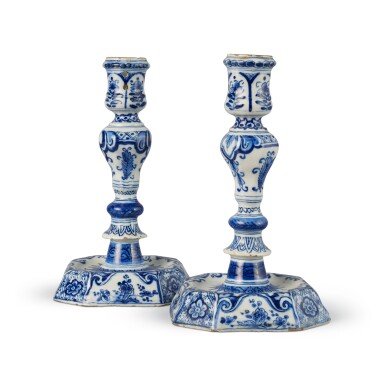 View full screen - View 1 of Lot 1727. A Pair of Dutch Delft Blue and White Candlesticks, 18th Century.