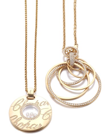 View full screen - View 1 of Lot 142. GOLD AND DIAMOND PENDANT, 'HAPPY DIAMONDS', CHOPARD AND A GOLD AND DIAMOND NECKLACE.