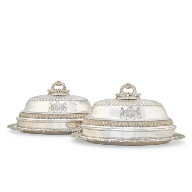 View full screen - View 1 of Lot 58. A pair of George III silver meat dishes with Sheffield plate covers, Paul Storr, London, 1819; and a smaller pair of matching meat dishes with Sheffield plate covers, Benjamin Smith, London, 1823.