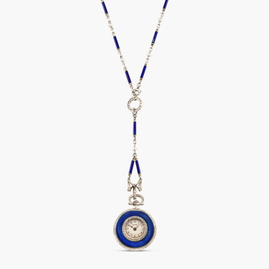 View full screen - View 1 of Lot 2486. A platinum, gold, royal blue guilloché enamel and diamond-set pendant watch with matching chain, Circa 1905.
