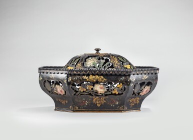 View full screen - View 1 of Lot 621. A George III polychrome painted and gilt papier-mâché pot-pourri and cover, late 18th century.